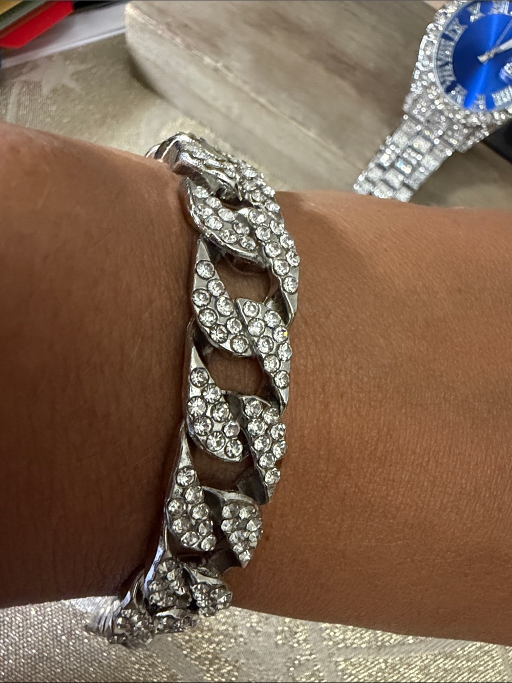 Men’s Blue Dial Crystal-Embellished Silver Watch and silver bracelet set - Picture 7 of 16